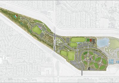 A detailed map of a green urban park with pathways, water features, and recreational areas.