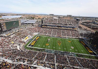 Aerial view of packed college football stadium