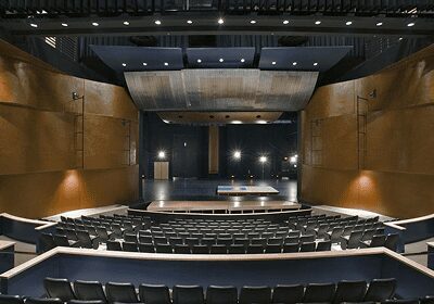 Empty modern theater auditorium with stage and seats.